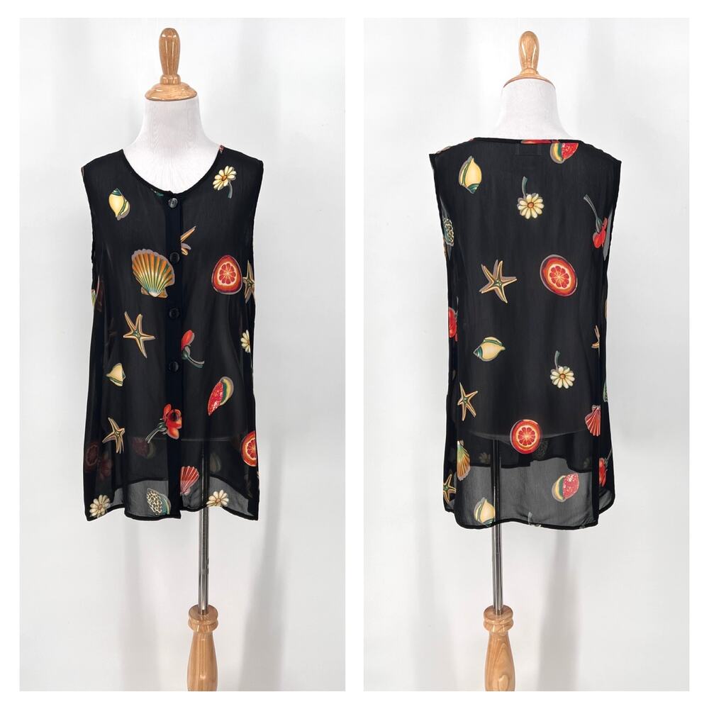 HANRO OF SWITZERLAND Sheer Printed Tunic Top Medium Black Fruit Beach Floral